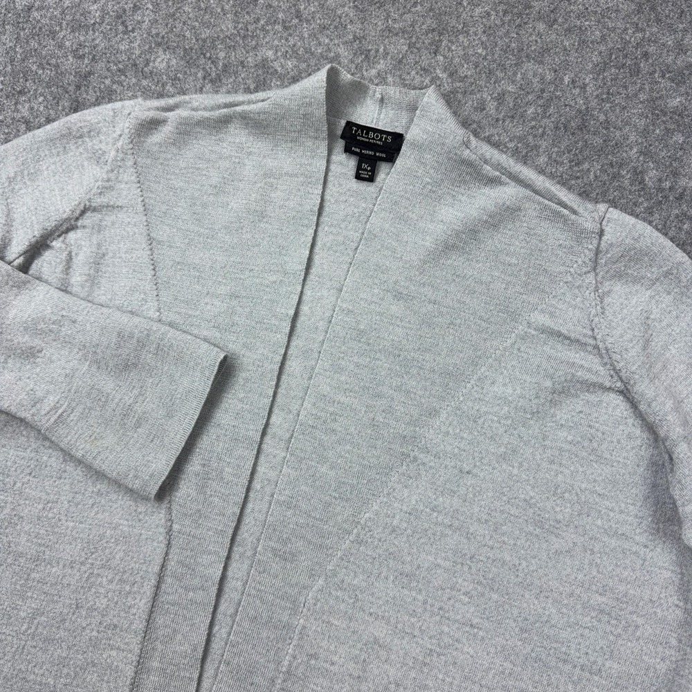 Talbots Cardigan Women 1X Petite Gray Merino Wool Long Sleeve Open Front Sweater